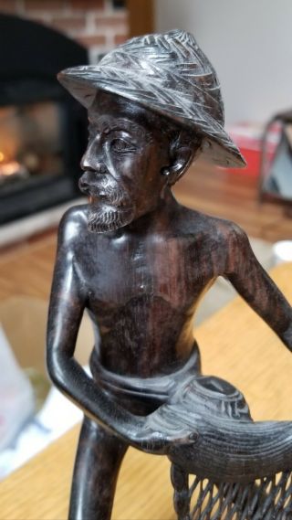 (4/2) Oriental Wood Carving Statue Figurine Old Man With Fishing Net 4