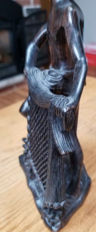(4/2) Oriental Wood Carving Statue Figurine Old Man With Fishing Net 5