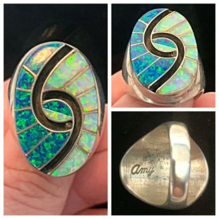 Vintage Amy Quandelacy Zuni Inlay Hummingbird Eye Sterling Silver Ring Opal Onyx