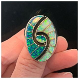 Vintage Amy Quandelacy Zuni Inlay Hummingbird Eye Sterling Silver Ring Opal Onyx 2