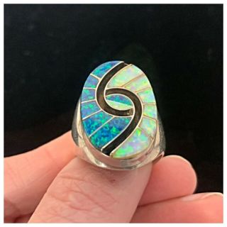 Vintage Amy Quandelacy Zuni Inlay Hummingbird Eye Sterling Silver Ring Opal Onyx 5