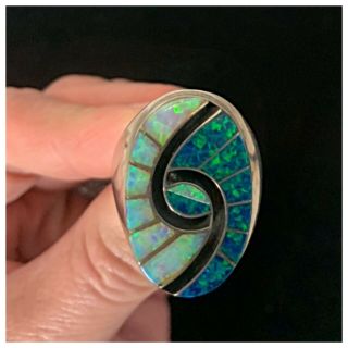 Vintage Amy Quandelacy Zuni Inlay Hummingbird Eye Sterling Silver Ring Opal Onyx 6