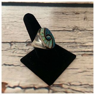 Vintage Amy Quandelacy Zuni Inlay Hummingbird Eye Sterling Silver Ring Opal Onyx 8