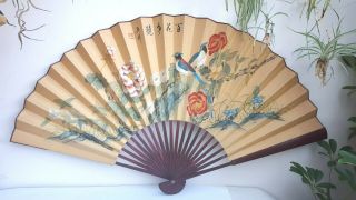 Huge 46 " Vintage Hand Painted Chinese Bird Peony Bamboo Hanging Fan Wall Display