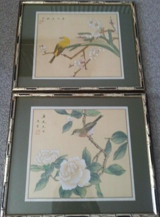 Framed & Glazed Vintage Chinese Oriental Painting On Silk Bird & Flowers