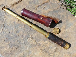 Antique Spyglass Telescope Brass With Leather Case Made In France