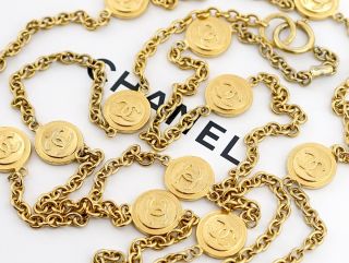 Chanel Cc Logos Coin Charm Necklace 67 Inch Long Gold Tone 1980 