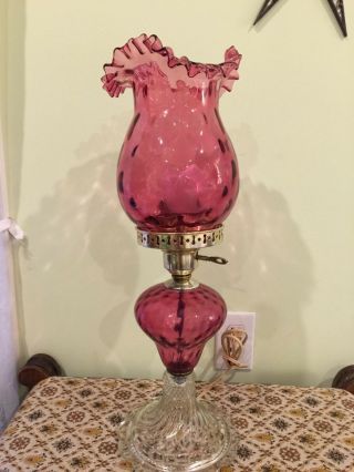 Vintage Cranberry Glass Lamp With Ruffled Edge,  Clear Glass Base