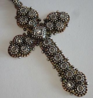 Vintage Portuguese Sterling Silver Diamond Cross Pendant Necklace