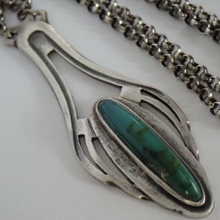 Antique Arts & Crafts Sterling Silver Turquoise Pendant Necklace