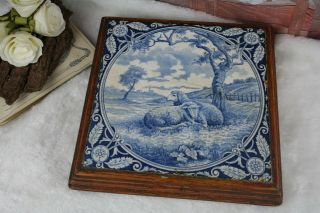 Rare 1880 Delft Blue White Pottery Ceramic Tile Serving Dish Wood Sheep