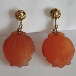 Antique Art Deco Chinese 14k Gold Carved Orange Jade Dangle Earrings
