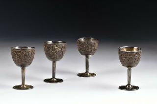 Set Of 4 Signed 18th Century Chinese Silver & Carved Coconut Goblets
