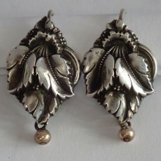 Fine Antique Austrian Victorian Sterling Silver Repousse Leaf Earrings