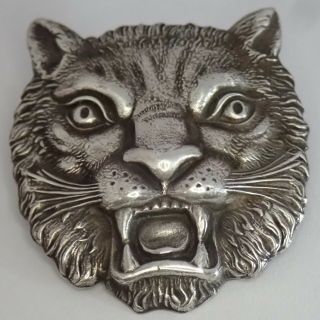 Fine Antique Victorian Edwardian Sterling Silver Tiger Cat Brooch