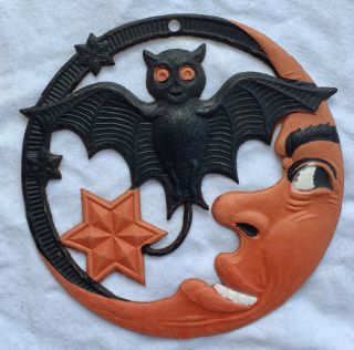 Hard To Find 5” 1920’s Vintage Halloween Bat Star & Moon Die Cut German Germany