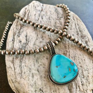 Old Pawn Santa Fe Turquoise & Silver Pendant On Hollow Silver Bead 18 " Necklace