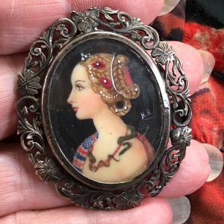 Antique 800 Silver Hand Painted Portrait Cameo Brooch Pendant Denmark Signed Hr