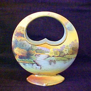 Rare Nippon Porcelain Swan Lake Scenic Tapestry Basket Vase