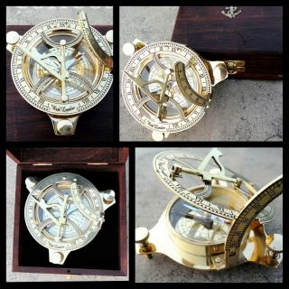 Antique Nautical Sundial Compass 4 Inch Vintage Marine Instrument Wooden Box