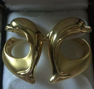 Charles Garnier 750 18k Yellow Gold Vintage Dolphin Heart Earrings