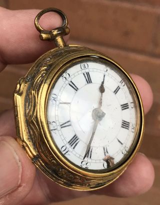 A Small Early Antique Repousse Pair Cased Verge / Fusee Pocket Watch,  C1700s.