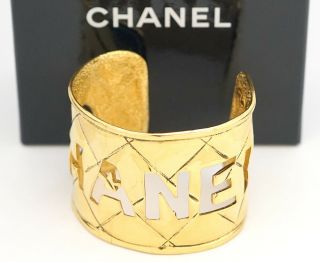Chanel Logo Matelasse Cuff Bracelet Gold Tone Vintage Bangle W/box V1254