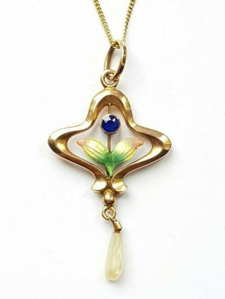 Edwardian Art Nouveau 9ct Gold Enamel Sapphire & Pearl Lavalier Pendant,  Chain