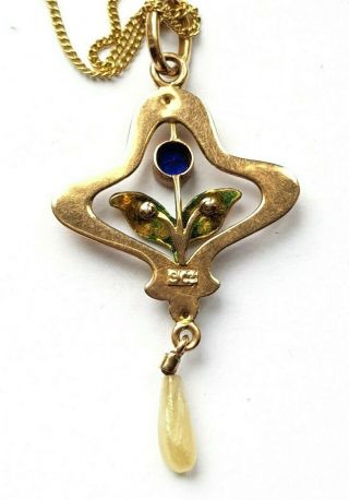 Edwardian Art Nouveau 9ct Gold Enamel Sapphire & Pearl Lavalier Pendant,  Chain 2