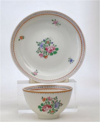18th Century Chinese Export Tea Bowl & Saucer Decorative Border & Flowers