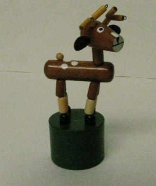 Vintage Wooden Push Button Thumb Puppet Collapsible Toy - Reindeer Christmas