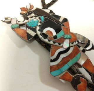 Vintage Zuni Snake Dancer Mosaic Inlay Multi - Stone Bolo Sterling & Coin Silver 11