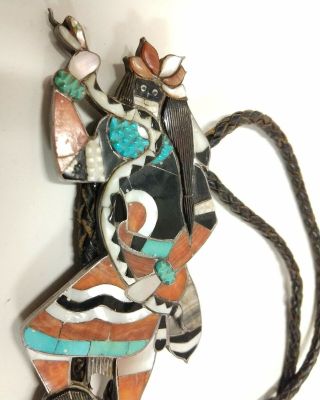 Vintage Zuni Snake Dancer Mosaic Inlay Multi - Stone Bolo Sterling & Coin Silver 12