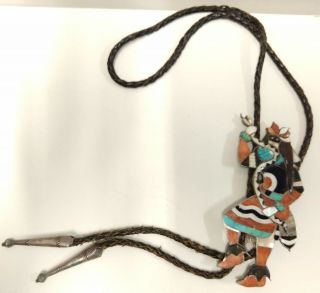 Vintage Zuni Snake Dancer Mosaic Inlay Multi - Stone Bolo Sterling & Coin Silver