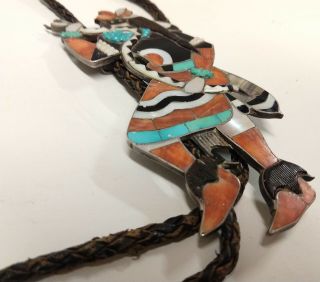 Vintage Zuni Snake Dancer Mosaic Inlay Multi - Stone Bolo Sterling & Coin Silver 3