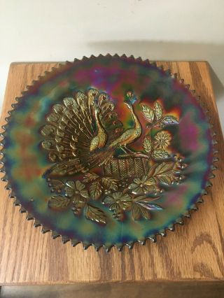Vintage Northwoods Amethyst Carnival Glass Peacocks On The Fence Plate 9 "