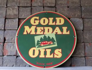 Vintage Gold Medal Gasoline Porcelain Gas Oil Service Station Pump Plate Sign