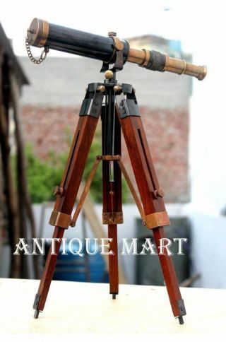 Nautical Antique Vintage Brass Pirate Spyglass Table Top Telescope W/wood Tripod