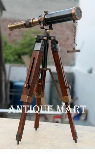 Nautical Antique Vintage Brass Pirate Spyglass Table Top Telescope W/Wood Tripod 2