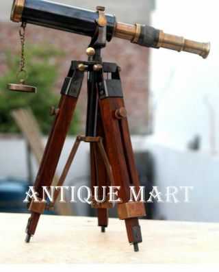Nautical Antique Vintage Brass Pirate Spyglass Table Top Telescope W/Wood Tripod 3
