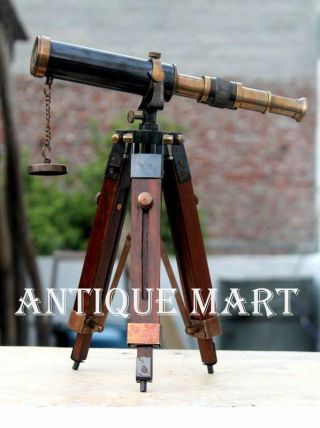 Nautical Antique Vintage Brass Pirate Spyglass Table Top Telescope W/Wood Tripod 4