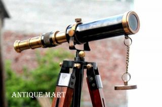 Nautical Antique Vintage Brass Pirate Spyglass Table Top Telescope W/Wood Tripod 5