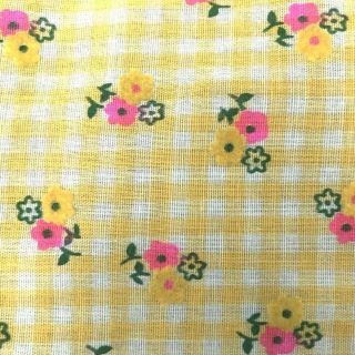 Vintage Flocked Pink & Yellow Flowers Gingham Floral Fabric 2 Yds X 45” W