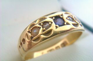 Rare 15ct Rose Gold Sapphire Diamond & Seed Pearl Victorian Gypsy Ring 1886