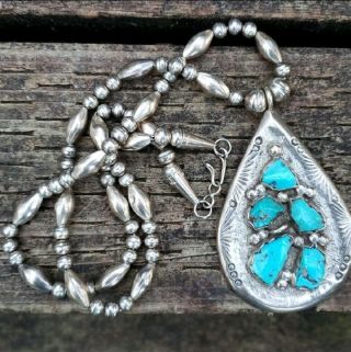 Vintage Turquoise Native American Sterling Silver Wj Panteah Beaded Necklace