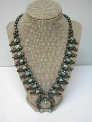 Vtg.  Native American Shadow Box Blossom Squash Silver/turquoise Necklace