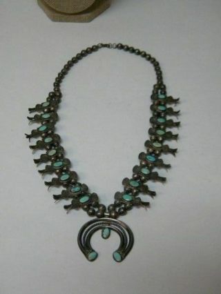 Vtg.  Native American Shadow Box Blossom Squash Silver/Turquoise Necklace 3