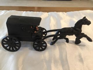 Vtg Cast Iron Metal Amish Horse Drawn Buggy Carriage Wagon with Driver,  and Kids 2