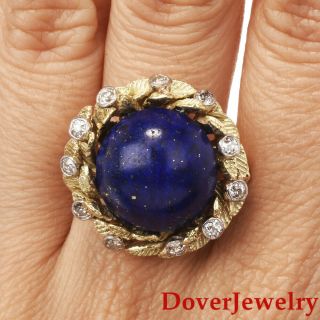 Vintage Diamond 12.  80ct Lapis Lazuli 18k Gold Floral Cocktail Ring 13.  5 Grams Nr