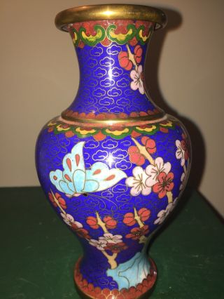 Vintage Chinese Cloisonne Vase With Butterfly & Flowers Enamel On Brass